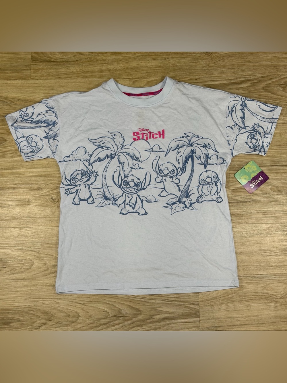 NEW Disney Lilo & Stitch Blue Sketch Graphic T-Shirt All Over Print Kawaii